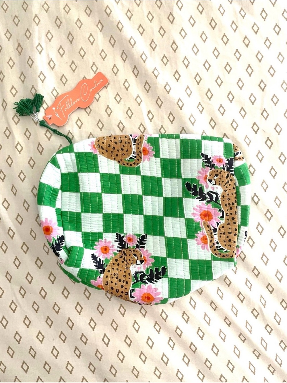 NWT Folklore Couture Green Checkered Jaguar Print Quilted Cosmetics Bag